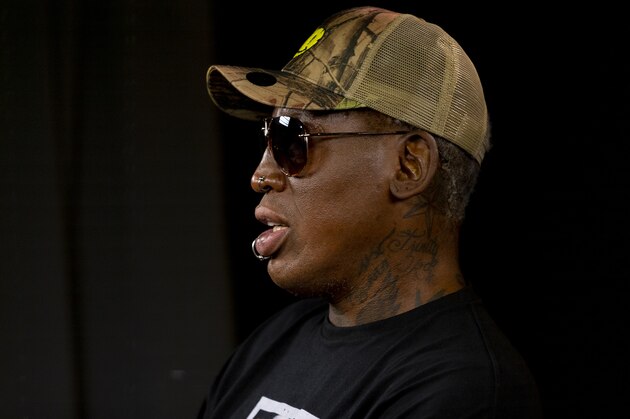 In this Monday, Sept. 9, 2019, photo, former NBA star Dennis Rodman is interviewed in Los Angeles. Rodman's spectacular personal highs and very public lows are the subject of the new ESPN