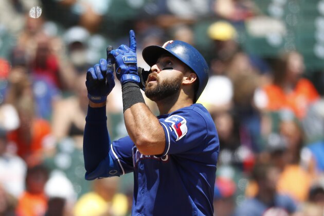 Texas Rangers' Joey Gallo celebrates his solo home run in the fourth inning of a baseball game against the Detroit Tigers in Detroit, Thursday, June 27, 2019. (AP Photo/Paul Sancya)