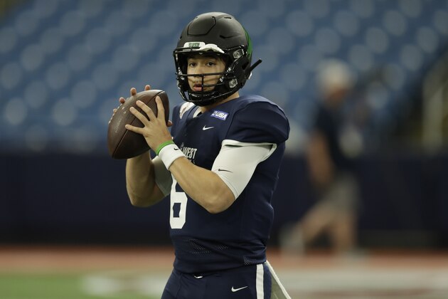 West quarterback Mason Fine, of North Texas, (6) throws a pass before the East West Shrine football game Saturday, Jan. 18, 2020, in St. Petersburg, Fla. (AP Photo/Chris O'Meara)