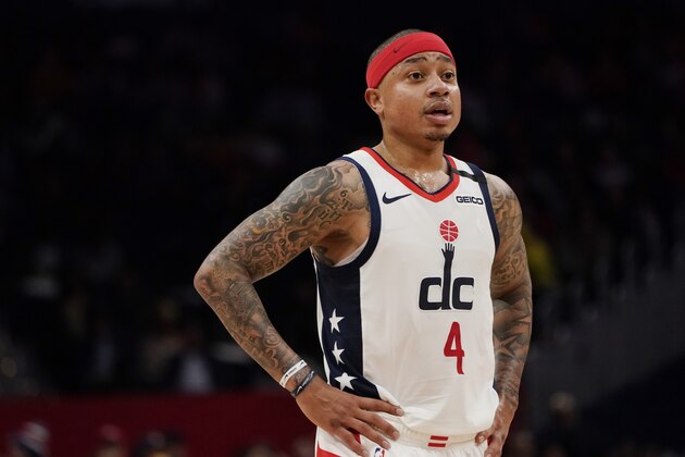 WASHINGTON, DC - FEBRUARY 03: Isaiah Thomas #4 of the Washington Wizards looks on against the Golden State Warriors in the first half at Capital One Arena on February 03, 2020 in Washington, DC. NOTE TO USER: User expressly acknowledges and agrees that, by downloading and or using this photograph, User is consenting to the terms and conditions of the Getty Images License Agreement. (Photo by Patrick McDermott/Getty Images)