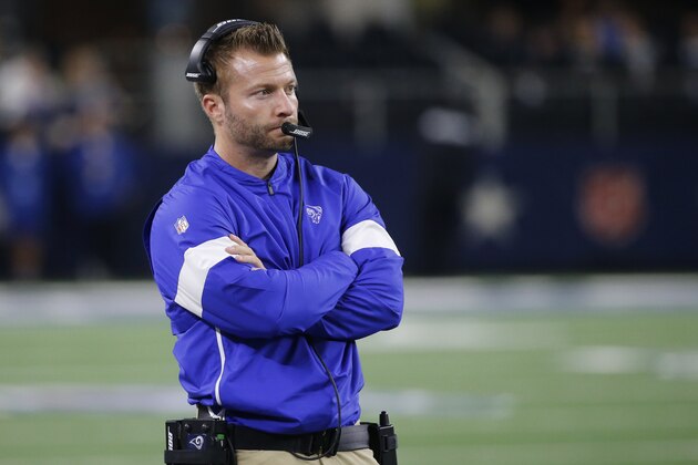 Los Angeles Rams head coach Sean McVay during an NFL football game against the Dallas Cowboys in Arlington, Texas, Sunday, Dec. 15, 2019. (AP Photo/Michael Ainsworth)