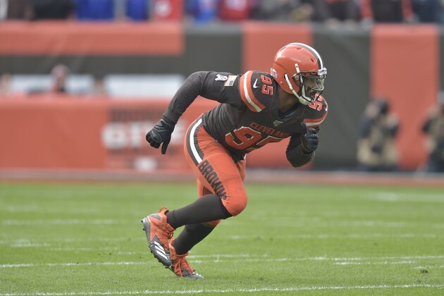 Cleveland Browns defensive end Myles Garrett (95) in action during an NFL football against the Buffalo Bills and the Cleveland Browns, Sunday, Nov. 10, 2019, in Cleveland. The Browns won 19-16. (AP Photo/David Richard)