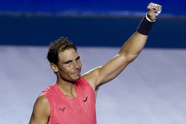 ACAPULCO, MEXICO - FEBRUARY 29: Rafael Nadal of Spain celebrates after winning championship point in his Men's Singles Final match against Taylor Fritz of United States during day six of the ATP Mexican Open 2020 at Princess Mundo Imperial on February 29, 2020 in Acapulco, Mexico. (Photo by Quality Sport Images/Getty Images)
