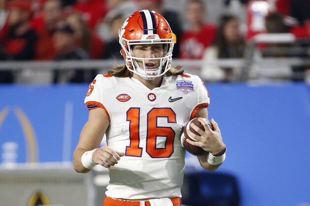 GLENDALE, ARIZONA - DECEMBER 28: Quarterback Trevor Lawrence #16 of the Clemson Tigers prior to the start of the College Football Playoff Semifinal against the Ohio State Buckeyes at the Playstation Fiesta Bowl at State Farm Stadium on December 28, 2019 in Glendale, Arizona. (Photo by Ralph Freso/Getty Images)