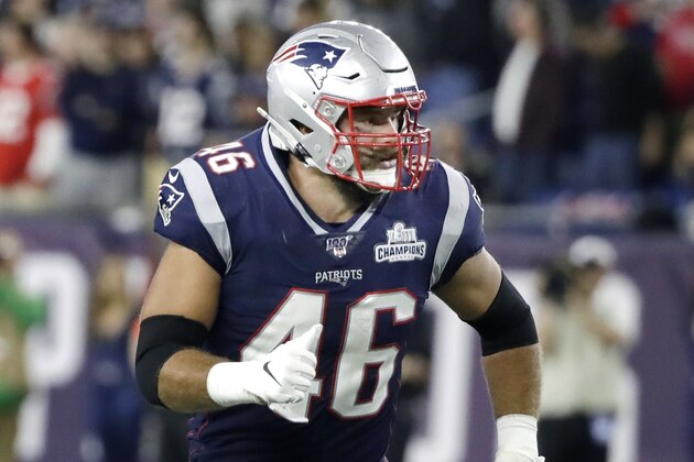 FILE - In this Sept. 8, 2019, file photo, New England Patriots fullback James Develin look for a defender to block in the second half of an NFL football game against the Pittsburgh Steelers in Foxborough, Mass. Develin said in an Instagram message Monday, April 27, 2020, that he is retiring from the NFL because of complications from the neck injury that caused him to miss the final 14 games of the 2019 season. (AP Photo/Elise Amendola, File) FILE - In this Sept. 8, 2019, file photo, New England Patriots fullback James Develin look for a defender to block in the second half of an NFL football game against the Pittsburgh Steelers in Foxborough, Mass. Develin said in an Instagram message Monday, April 27, 2020, that he is retiring from the NFL because of complications from the neck injury that caused him to miss the final 14 games of the 2019 season. (AP Photo/Elise Amendola, File)
