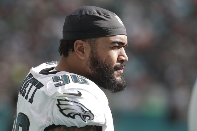 Philadelphia Eagles defensive end Derek Barnett (96) watched the game from the sidelines, during the first half at an NFL football game against the Miami Dolphins, Sunday, Dec. 1, 2019, in Miami Gardens, Fla. (AP Photo/Lynne Sladky)