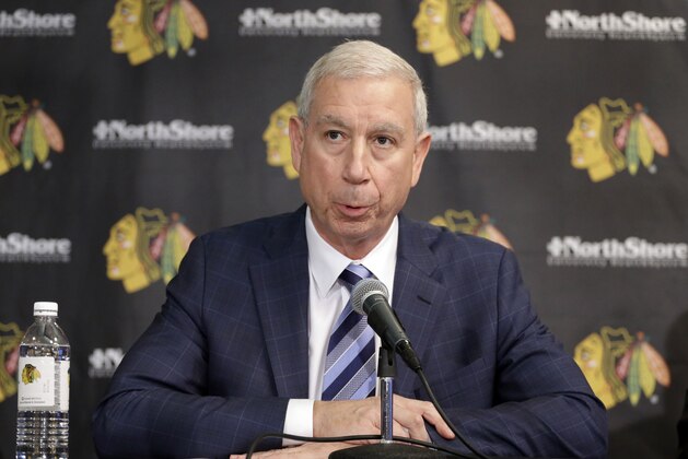 Chicago Blackhawks President and Chief Executive Officer John F. McDonough, speaks  during a news conference at the United Center in Chicago, Wednesday, July 16, 2014. The Blackhawks recently agreed to eight-year contract extensions with Toews and Kane. (AP Photo/Nam Y. Huh)