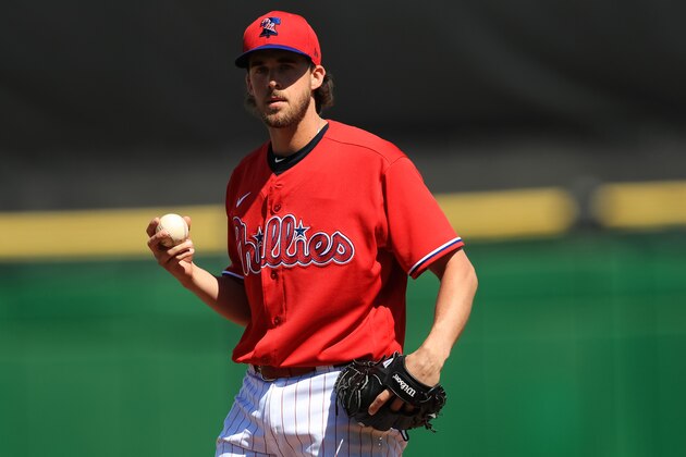 CLEARWATER, FL - FEBRUARY 23: Aaron Nola #27 of the Philadelphia Phillies warms up prior to a spring training game against the Pittsburgh Pirates at Spectrum Field on February 23, 2020 in Clearwater, Florida. (Photo by Carmen Mandato/Getty Images) CLEARWATER, FL - FEBRUARY 23: Aaron Nola #27 of the Philadelphia Phillies warms up prior to a spring training game against the Pittsburgh Pirates at Spectrum Field on February 23, 2020 in Clearwater, Florida. (Photo by Carmen Mandato/Getty Images)