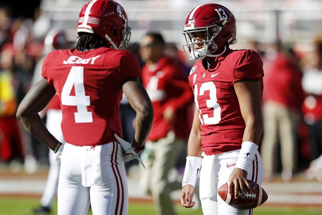 TUSCALOOSA, ALABAMA - NOVEMBER 09: Tua Tagovailoa #13 talks with Jerry Jeudy #4 of the Alabama Crimson Tide before the game against the LSU Tigers at Bryant-Denny Stadium on November 09, 2019 in Tuscaloosa, Alabama. (Photo by Kevin C. Cox/Getty Images) TUSCALOOSA, ALABAMA - NOVEMBER 09: Tua Tagovailoa #13 talks with Jerry Jeudy #4 of the Alabama Crimson Tide before the game against the LSU Tigers at Bryant-Denny Stadium on November 09, 2019 in Tuscaloosa, Alabama. (Photo by Kevin C. Cox/Getty Images)