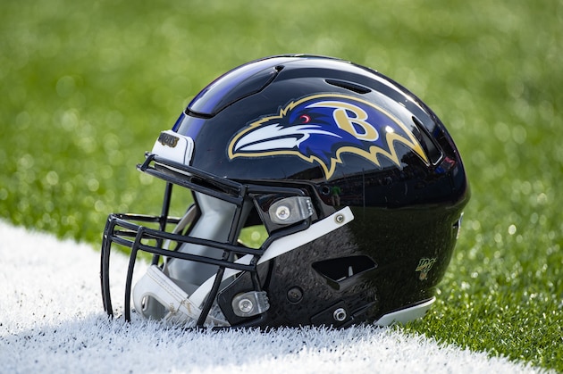 ORCHARD PARK, NY - DECEMBER 08:  Detail view of a Baltimore Ravens helmet on the field before the game against the Buffalo Bills at New Era Field on December 8, 2019 in Orchard Park, New York. Baltimore defeats Buffalo 24-17.  (Photo by Brett Carlsen/Getty Images)