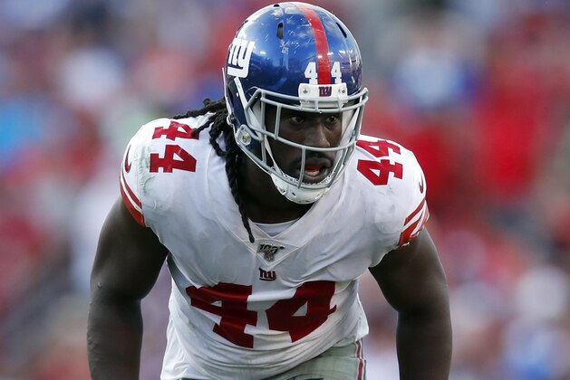 New York Giants linebacker Markus Golden (44) lines up against the Tampa Bay Buccaneers during an NFL football game, Sunday, Sept. 22, 2019, in Tampa, Fla. The Giants won the game 32-31. (Jeff Haynes/AP Images for Panini)