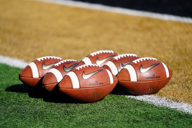 WINSTON SALEM, NORTH CAROLINA - NOVEMBER 02: Wake Forest Demon Deacons footballs with the logo before their game against the North Carolina State Wolfpack at BB&T Field on November 02, 2019 in Winston Salem, North Carolina. (Photo by Jacob Kupferman/Getty Images)