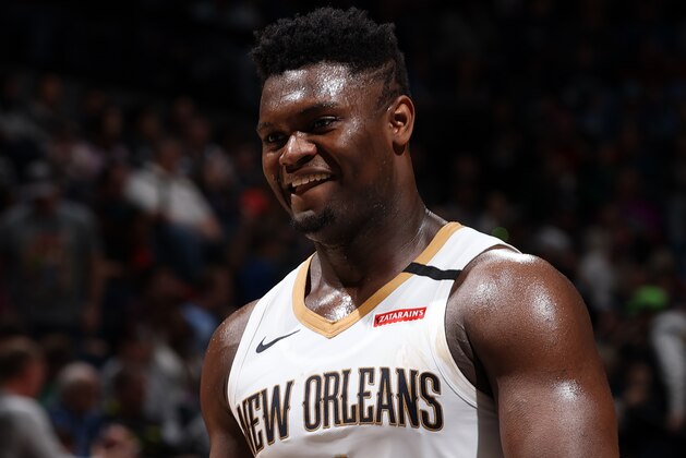 MINNEAPOLIS, MN -  MARCH 8: Zion Williamson #1 of the New Orleans Pelicans smiles during the game against the Minnesota Timberwolves on March 8, 2020 at Target Center in Minneapolis, Minnesota. NOTE TO USER: User expressly acknowledges and agrees that, by downloading and or using this Photograph, user is consenting to the terms and conditions of the Getty Images License Agreement. Mandatory Copyright Notice: Copyright 2020 NBAE (Photo by David Sherman/NBAE via Getty Images)