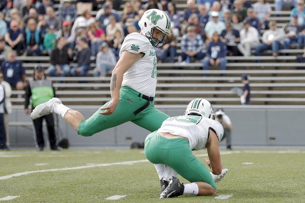 HOUSTON, TX - NOVEMBER 02:  Justin Rohrwasser #16 of the Marshall Thundering Herd kicks a field goal in the first half against the Rice Owls on November 2, 2019 in Houston, Texas.  (Photo by Tim Warner/Getty Images)