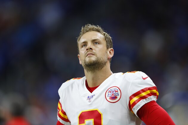 Kansas City Chiefs punter Dustin Colquitt (2) watches against the Detroit Lions during an NFL football game in Detroit, Sunday, Sept. 29, 2019. (AP Photo/Paul Sancya)