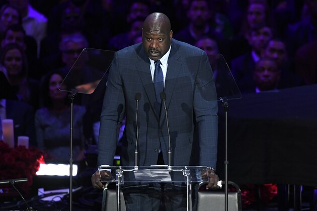 LOS ANGELES, CALIFORNIA - FEBRUARY 24: Shaquille O'Neal speaks during The Celebration of Life for Kobe & Gianna Bryant at Staples Center on February 24, 2020 in Los Angeles, California. (Photo by Kevork Djansezian/Getty Images)