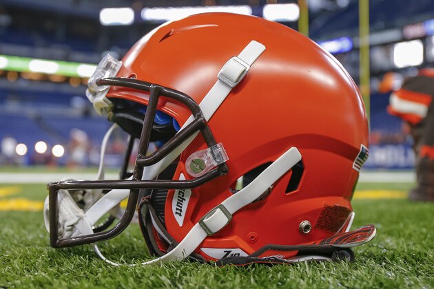 INDIANAPOLIS, IN - AUGUST 17: A Cleveland Browns helmet is seen on the field before the preseason game against the Indianapolis Colts at Lucas Oil Stadium on August 17, 2019 in Indianapolis, Indiana. (Photo by Michael Hickey/Getty Images)