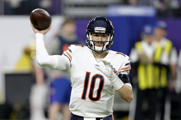 Chicago Bears quarterback Mitchell Trubisky throws a pass during the first half of an NFL football game against the Minnesota Vikings, Sunday, Dec. 29, 2019, in Minneapolis. (AP Photo/Andy Clayton-King)