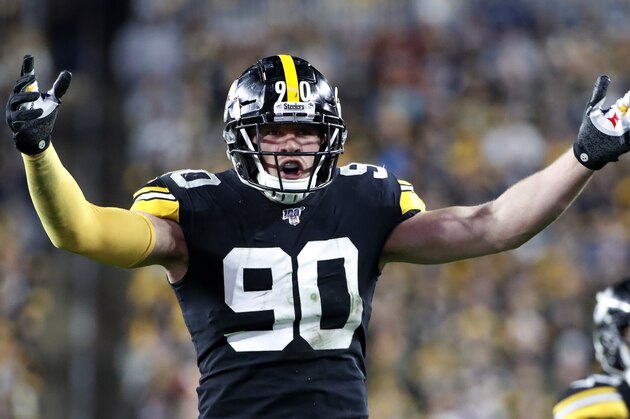 Pittsburgh Steelers outside linebacker T.J. Watt (90) encourages fans during the second half of an NFL football game against the Los Angeles Rams in Pittsburgh, Sunday, Nov. 10, 2019. (AP Photo/Don Wright)