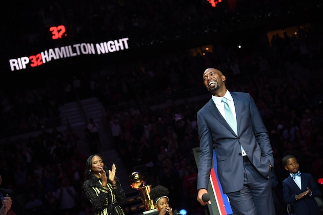 AUBURN HILLS, MI - FEBRUARY 26: Former Pistons player Richard Hamilton speaks during a ceremony to retire his number during halftime between the Boston Celtics and the Detroit Pistons on February 26, 2017 at The Palace of Auburn Hills in Auburn Hills, Michigan. NOTE TO USER: User expressly acknowledges and agrees that, by downloading and/or using this photograph, User is consenting to the terms and conditions of the Getty Images License Agreement. Mandatory Copyright Notice: Copyright 2017 NBAE (Photo by Chris Schwegler/NBAE via Getty Images)