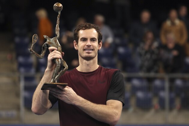 Andy Murray of Britain poses with the trophy after winning the European Open final tennis match in Antwerp, Belgium, Sunday, Oct. 20, 2019. Murray defeated Stan Wawrinka of Switzerland 3-6/6-4/6-4. (AP Photo/Francisco Seco)
