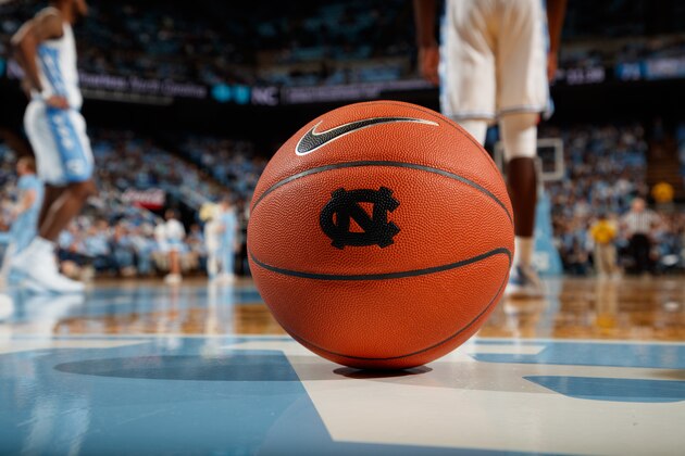 CHAPEL HILL, NC - NOVEMBER 19: A general view of a ball with the logo of the North Carolina Tar Heels sits on the court during a game between the North Carolina Tar Heels and the St. Francis (Pa) Red Flash on November 19, 2018 at the Dean Smith Center in Chapel Hill, North Carolina. North Carolina won 101-76. (Photo by Peyton Williams/UNC/Getty Images)