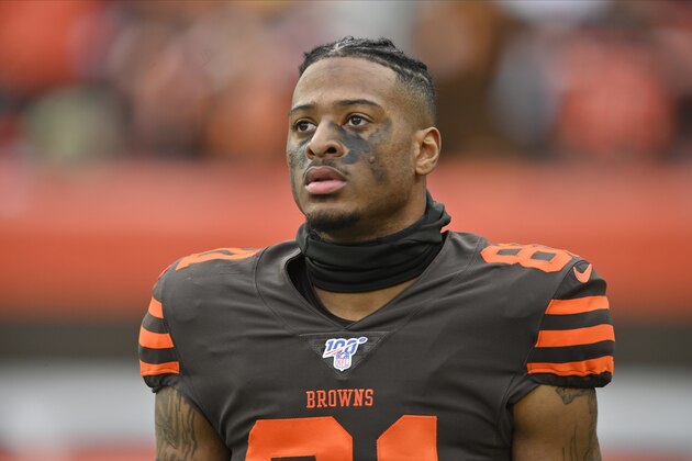 Cleveland Browns wide receiver Rashard Higgins walks on the field during an NFL football game against the Cincinnati Bengals, Sunday, Dec. 8, 2019, in Cleveland. The Browns won 27-19. (AP Photo/David Richard)
