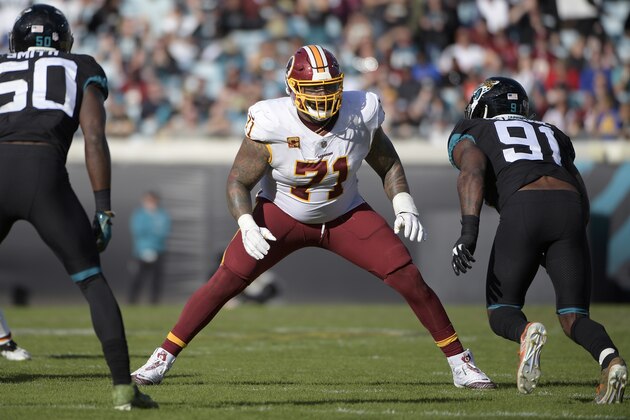 FILE - In this Dec. 16, 2018, file photo, Washington Redskins offensive tackle Trent Williams (71) sets up to block in front of Jacksonville Jaguars defensive end Yannick Ngakoue (91) during the second half of an NFL football game in Jacksonville, Fla. A person with knowledge of the situation says Williams has reported to the Redskins, ending his holdout. The person spoke to The Associated Press on condition of anonymity on Tuesday, Oct. 29, 2019, because the team had not announced Williams’ return. He can be kept off the 53-man roster for up to three weeks after reporting. (AP Photo/Phelan M. Ebenhack, File)