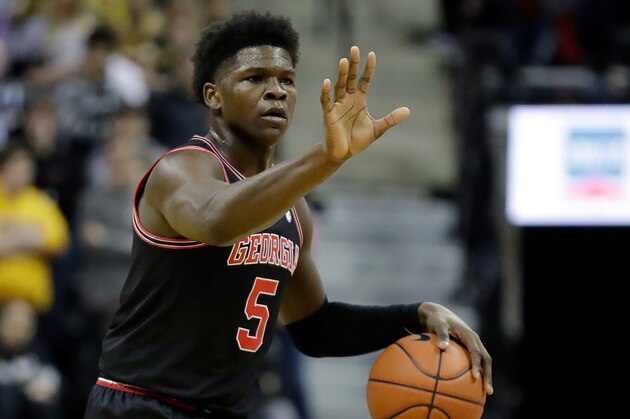 Georgia's Anthony Edwards dribbles during the first half of an NCAA college basketball game against Missouri Tuesday, Jan. 28, 2020, in Columbia, Mo. (AP Photo/Jeff Roberson)