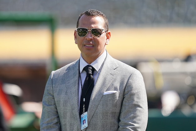 OAKLAND, CA - OCTOBER 02:  Baseball analyst and former player Alex Rodriguez looks on during batting practice prior to the start of the American League WildCard Game between the Tampa Bay Rays and Oakland Athletics at RingCentral Coliseum on October 2, 2019 in Oakland, California.  (Photo by Thearon W. Henderson/Getty Images)