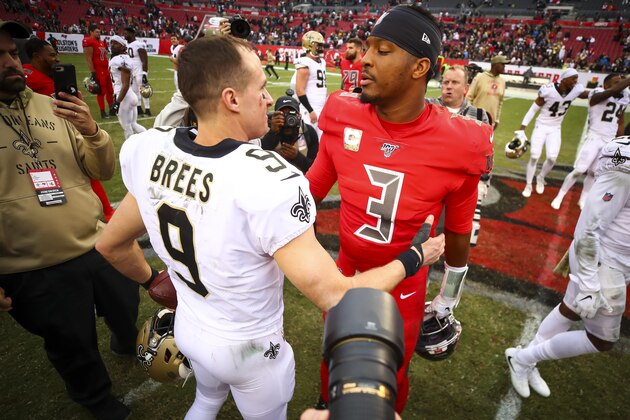 TAMPA, FL - NOVEMBER 17: Jameis Winston #3 of the Tampa Bay Buccaneers shakes hands with Drew Brees #9 of the New Orleans Saints after the game on November 17, 2019 at Raymond James Stadium in Tampa, Florida. (Photo by Will Vragovic/Getty Images)