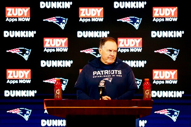 FOXBOROUGH, MASSACHUSETTS - JANUARY 04: Head coach Bill Belichick of the New England Patriots speaks with the media during a press conference after being defeated by the Tennessee Titans 20-13 in the AFC Wild Card Playoff game at Gillette Stadium on January 04, 2020 in Foxborough, Massachusetts. (Photo by Adam Glanzman/Getty Images)