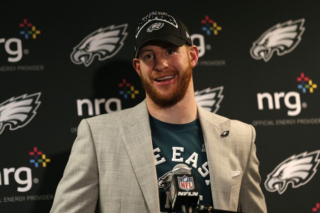 Philadelphia Eagles quarterback Carson Wentz (11) talks during a news conference after an NFL football game against the New York Giants, Sunday, Dec. 29, 2019, in East Rutherford, N.J. (AP Photo/Adam Hunger)