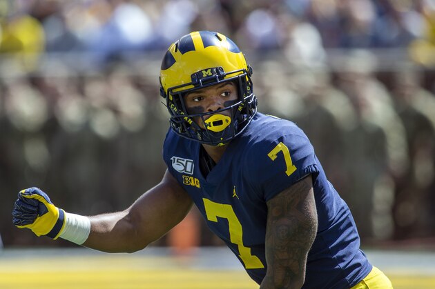 Michigan wide receiver Tarik Black (7) in action in the first quarter of an NCAA football game against Army in Ann Arbor, Mich., Saturday, Sept. 7, 2019. Michigan won 24-21 in double-overtime. (AP Photo/Tony Ding)