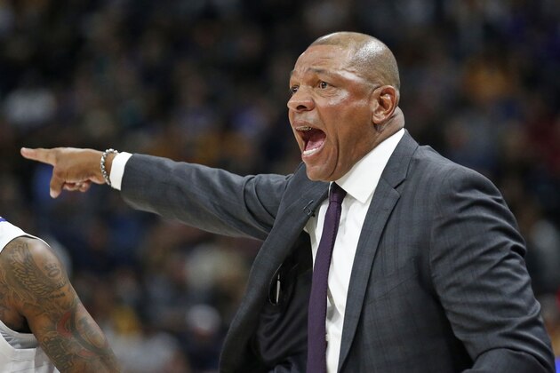 Los Angeles Clippers coach Doc Rivers reacts to a call during the first half of the team's NBA basketball game against the Utah Jazz on Wednesday, Oct. 30, 2019, in Salt Lake City. (AP Photo/Rick Bowmer)
