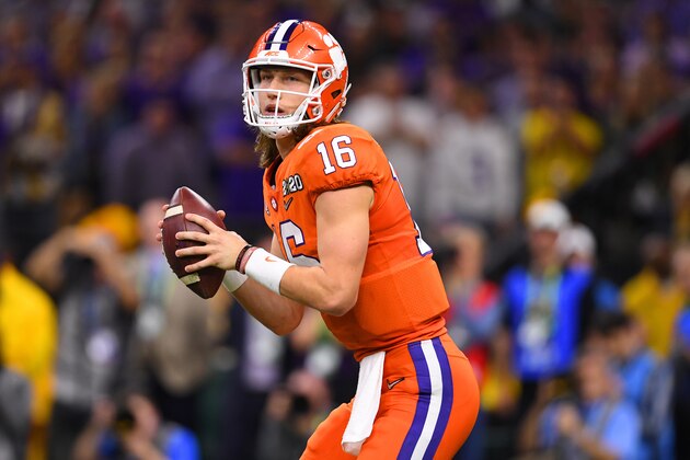 NEW ORLEANS, LA - JANUARY 13: Trevor Lawrence #16 of the Clemson Tigers passes against the LSU Tigers during the College Football Playoff National Championship held at the Mercedes-Benz Superdome on January 13, 2020 in New Orleans, Louisiana. (Photo by Jamie Schwaberow/Getty Images)