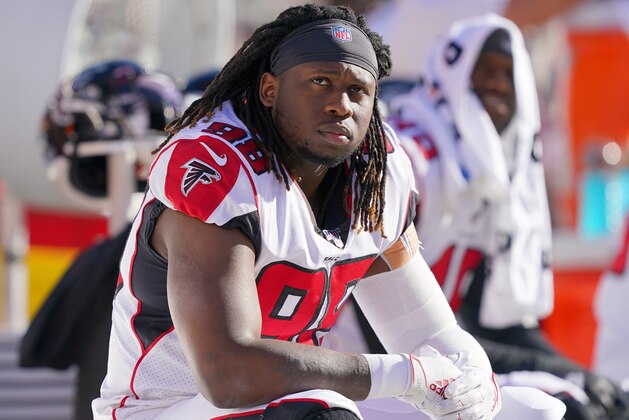 SANTA CLARA, CALIFORNIA - DECEMBER 15: Takkarist McKinley #98 of the Atlanta Falcons looks on from the sidelines against the San Francisco 49ers during the first half of an NFL football game at Levi's Stadium on December 15, 2019 in Santa Clara, California. (Photo by Thearon W. Henderson/Getty Images) SANTA CLARA, CALIFORNIA - DECEMBER 15: Takkarist McKinley #98 of the Atlanta Falcons looks on from the sidelines against the San Francisco 49ers during the first half of an NFL football game at Levi's Stadium on December 15, 2019 in Santa Clara, California. (Photo by Thearon W. Henderson/Getty Images)