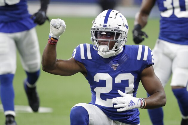 Indianapolis Colts cornerback Kenny Moore (23) reacts during the first half of an NFL football game against the Jacksonville Jaguars, Sunday, Nov. 17, 2019, in Indianapolis. (AP Photo/Michael Conroy)