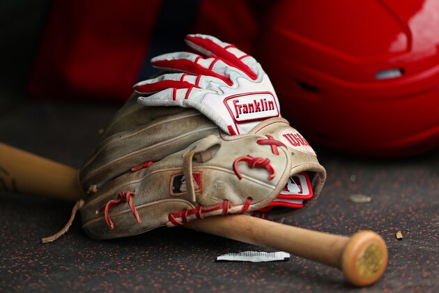 JUPITER, FL - MARCH 07: A Franklin batting glove and Wilson glove in the dugout of the St. Louis Cardinals during a spring training baseball game against the Houston Astros at Roger Dean Chevrolet Stadium on March 7, 2020 in Jupiter, Florida. The Cardinals defeated the Astros 5-1. (Photo by Rich Schultz/Getty Images)