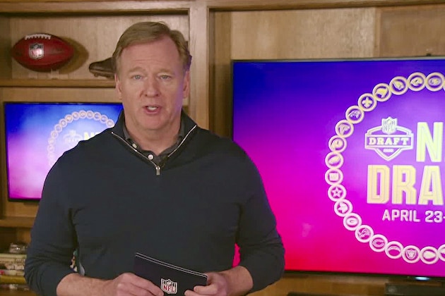 In this still image from video provided by the NFL, NFL Commissioner Roger Goodell during the NFL football draft, Saturday, April 25, 2020. (NFL via AP)