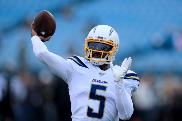 JACKSONVILLE, FLORIDA - DECEMBER 08: Tyrod Taylor #5 of the Los Angeles Chargers warms up prior to the game against the Jacksonville Jaguars at TIAA Bank Field on December 08, 2019 in Jacksonville, Florida. (Photo by Sam Greenwood/Getty Images)