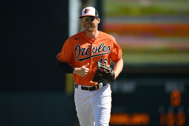 DUNEDIN, FLORIDA - FEBRUARY 29: Trey Mancini #16 of the Baltimore Orioles in action during the spring training game against the Miami Marlins at Ed Smith Stadium on February 29, 2020 in Sarasota, Florida. (Photo by Mark Brown/Getty Images)