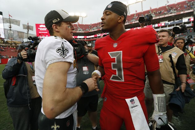 New Orleans Saints quarterback Drew Brees (9) shakes hands with Tampa Bay Buccaneers quarterback Jameis Winston (3) after an NFL football game Sunday, Dec. 9, 2018, in Tampa, Fla. (AP Photo/Mark LoMoglio)