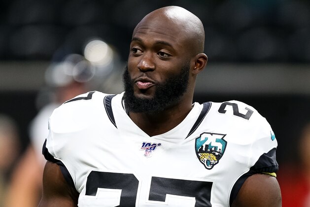 ATLANTA, GA - DECEMBER 22: Leonard Fournette #27 of the Jacksonville Jaguars looks on prior to a game against the Atlanta Falcons at Mercedes-Benz Stadium on December 22, 2019 in Atlanta, Georgia. (Photo by Carmen Mandato/Getty Images)