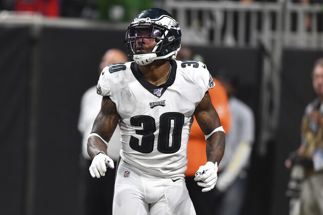 Philadelphia Eagles running back Corey Clement (30) works against the Atlanta Falcons during the first half of an NFL football game, Sunday, Sept. 15, 2019, in Atlanta. (AP Photo/John Amis)