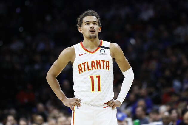 Atlanta Hawks' Trae Young plays during an NBA basketball game against the Philadelphia 76ers, Monday, Feb. 24, 2020, in Philadelphia. (AP Photo/Matt Slocum)