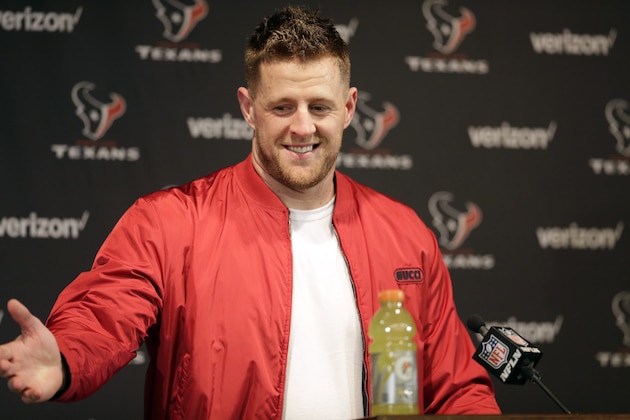 Houston Texans defensive end J.J. Watt answers a question during a news conference after an NFL wild-card playoff football game against the Buffalo Bills Saturday, Jan. 4, 2020, in Houston. The Texans won 22-19 in overtime.(AP Photo/Michael Wyke) Houston Texans defensive end J.J. Watt answers a question during a news conference after an NFL wild-card playoff football game against the Buffalo Bills Saturday, Jan. 4, 2020, in Houston. The Texans won 22-19 in overtime.(AP Photo/Michael Wyke)