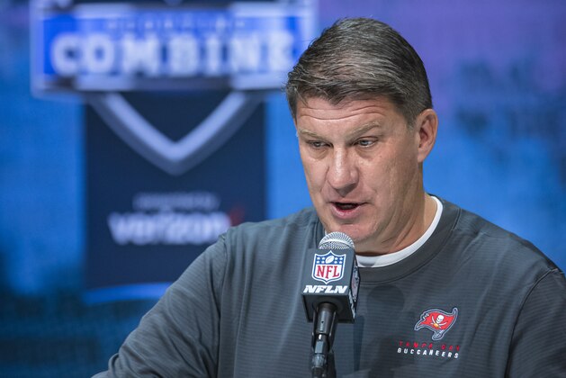 INDIANAPOLIS, IN - FEBRUARY 25: General manager Jason Licht of the Tampa Bay Buccaneers speaks to the media at the Indiana Convention Center on February 25, 2020 in Indianapolis, Indiana. (Photo by Michael Hickey/Getty Images) *** Local Capture *** Jason Licht