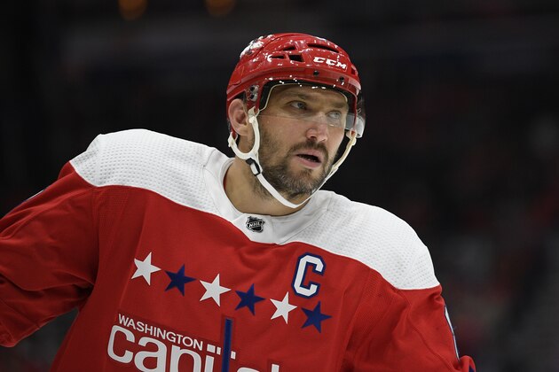 Washington Capitals left wing Alex Ovechkin (8), of Russia, looks on during the second period of an NHL hockey game against the Pittsburgh Penguins, Sunday, Feb. 2, 2020, in Washington. (AP Photo/Nick Wass)