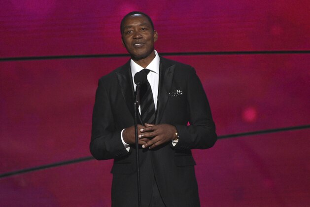 Isiah Thomas speaks at the NBA Awards on Monday, June 24, 2019, at the Barker Hangar in Santa Monica, Calif. (Photo by Chris Pizzello/Invision/AP)